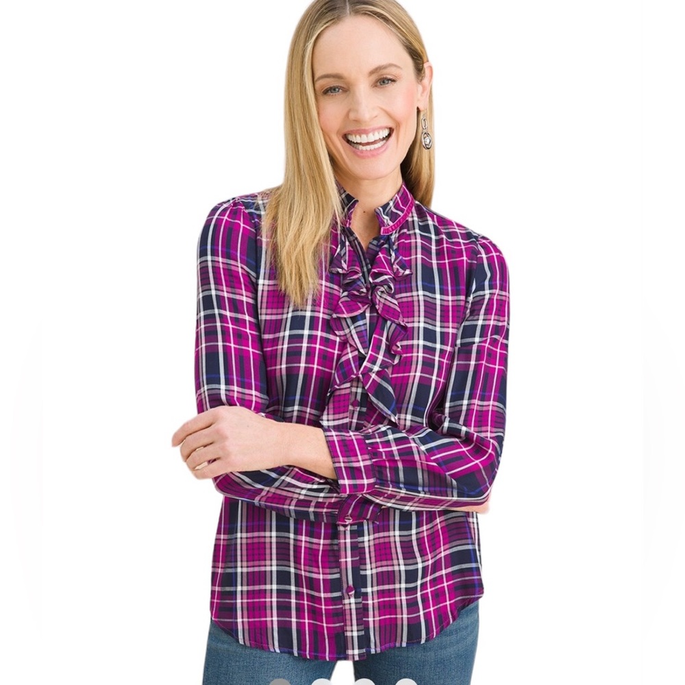 Chico’s “Blooming Dahlia” Ruffled Plaid Blouse NWT